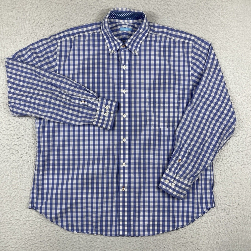 J McLaughlin Shirt Mens XL Blue White Plaid Preppy Workwear Casual Office Career